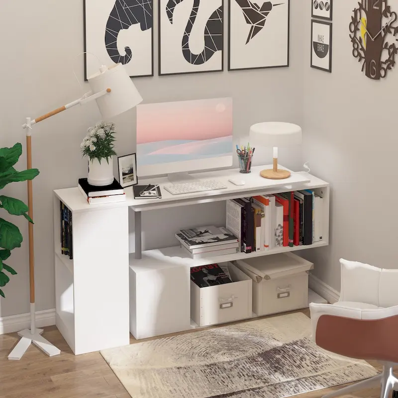 Modern L-Shaped Home Office Workstation with 3-Tier Storage Shelves