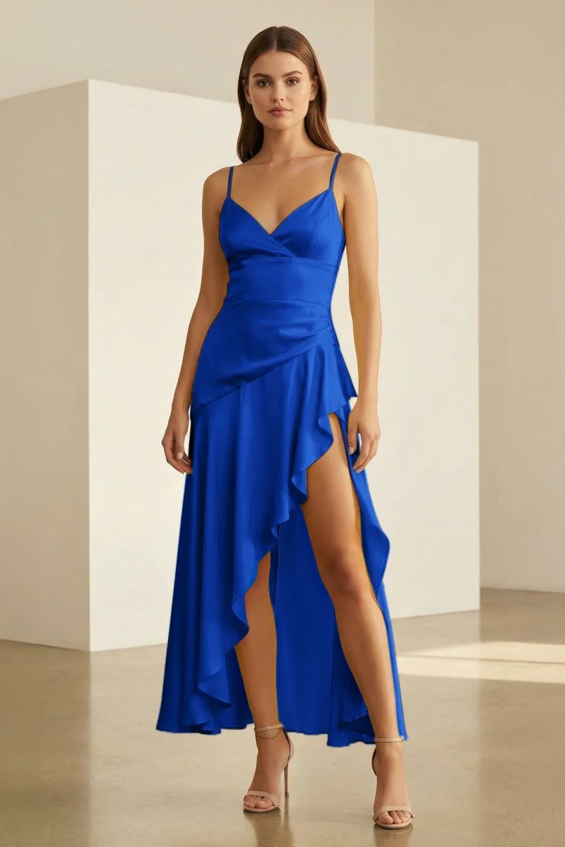 Royal Blue - Spaghetti Straps Sheath Satin High Low Prom Dresses With Ruffles
