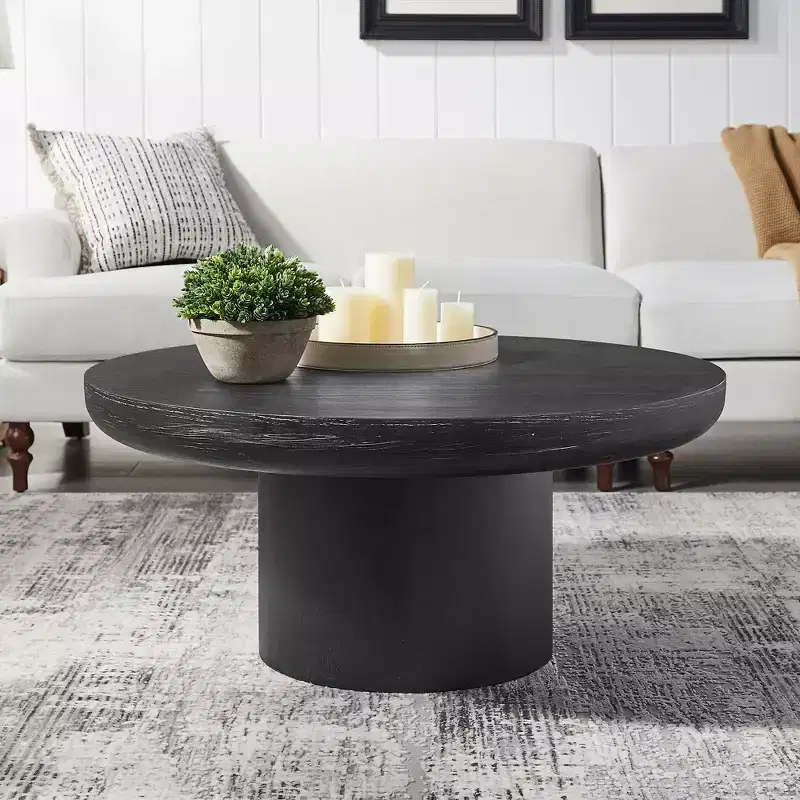 Round Coffee Table Wood Sofa Side Table Center Table with Cylindrical Leg, Black/Dark Brown-ModernLuxe