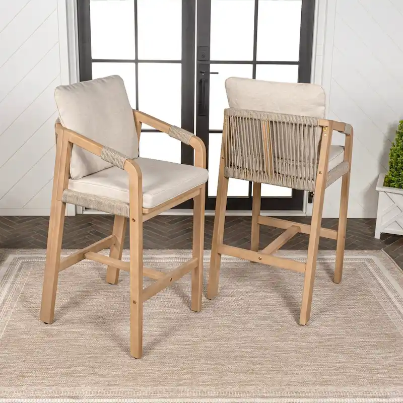 Annecy Modern Coastal Tub Roped Acacia Wood Outdoor Bar Stool with Cushions and Armrests, (Set of 2) by JONATHAN Y