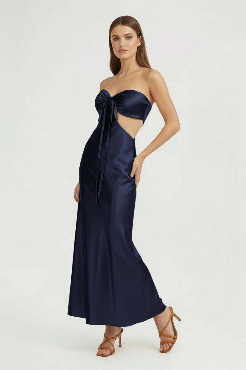 Aqua Strapless Sheath Satin Open Back Prom Dresses With Cutout