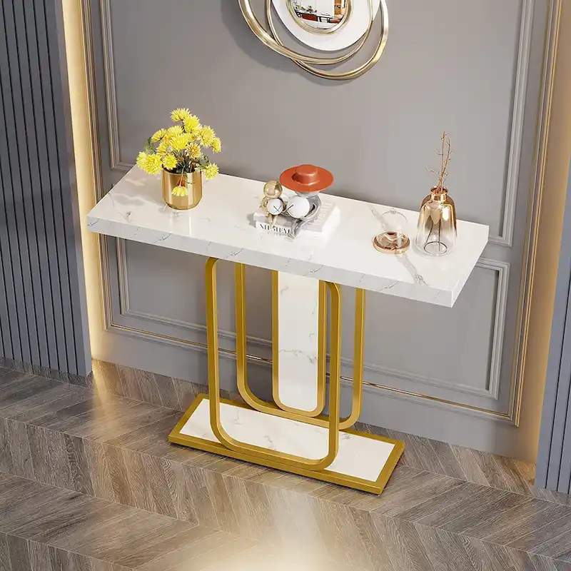 41.3  Console Table with LED Lights, Modern Gold White Entryway Hallway Accent Table