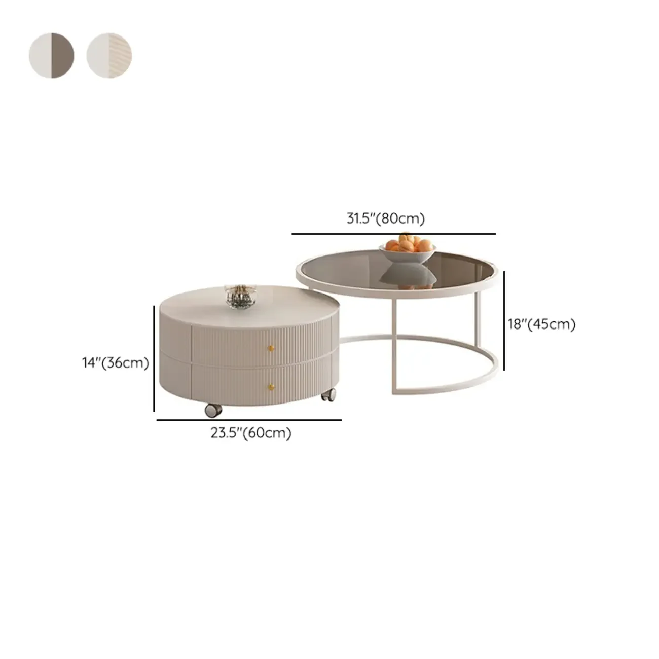 White Round Wheeled Round Wood Drawer Coffee Table