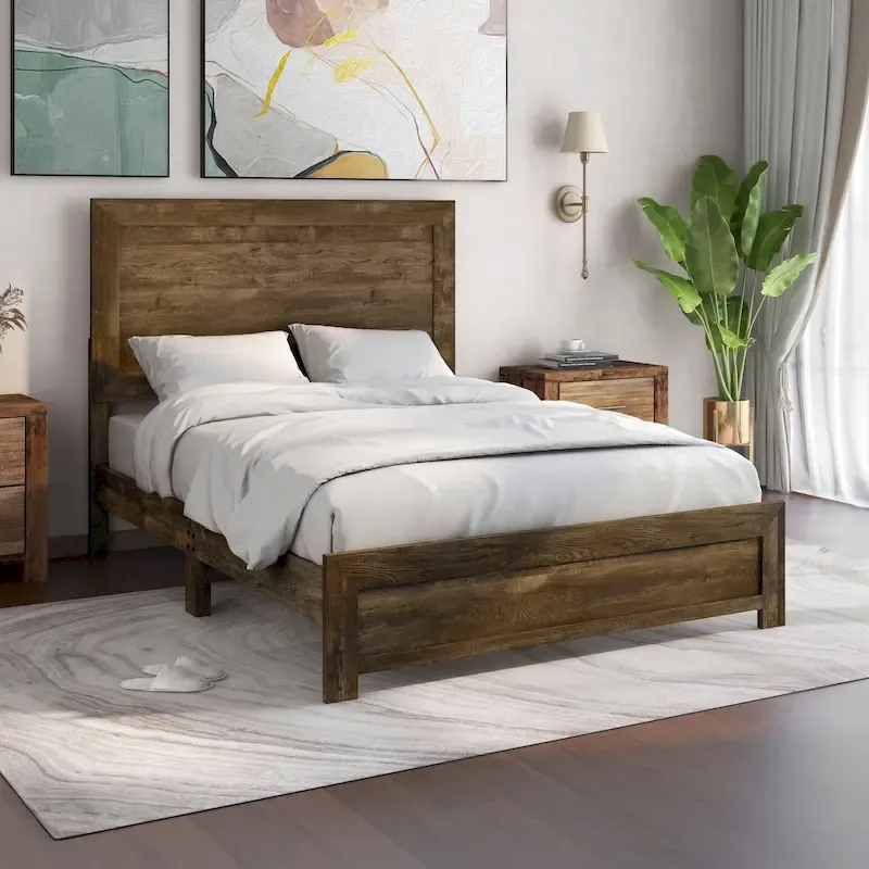 Rustic Walnut Panel Wood Bed – Walnut, Full / Queen