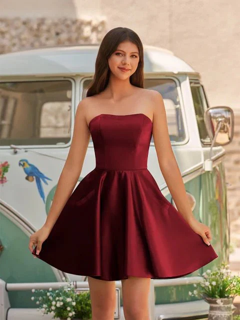 A-Line Strapless Satin Homecoming Dress with Pockets