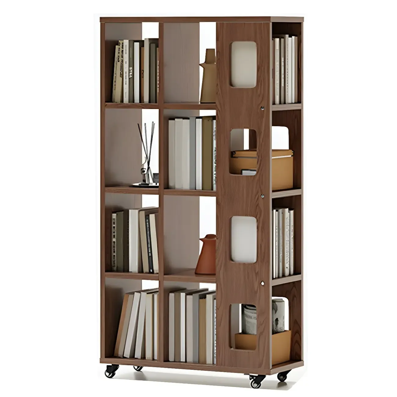 Mid-Century Nut-Brown Wood 5-Tier Bookcase on Wheels