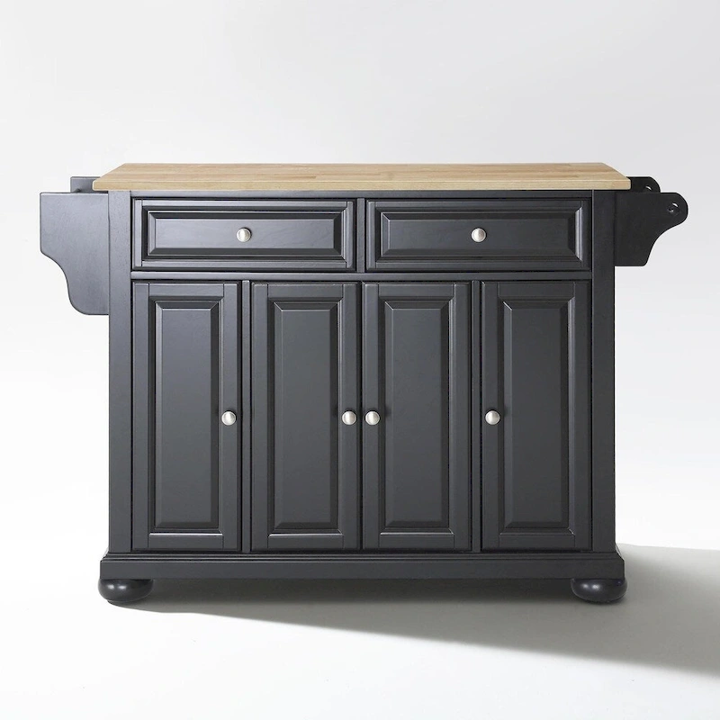 Crosley Alexandria Natural Wood Top Kitchen Island in Black Finish - 51.5 W x 18 D x 34 H