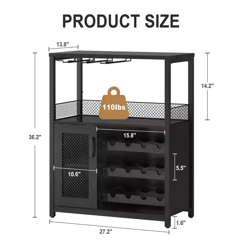 CuisinSmart Wine Bar Cabinet with Wine Rack&Glass Holder, Modern Wine Cabinet with Mesh Door, Industrial Sideboard Buffet Cabinet for Home Bar
