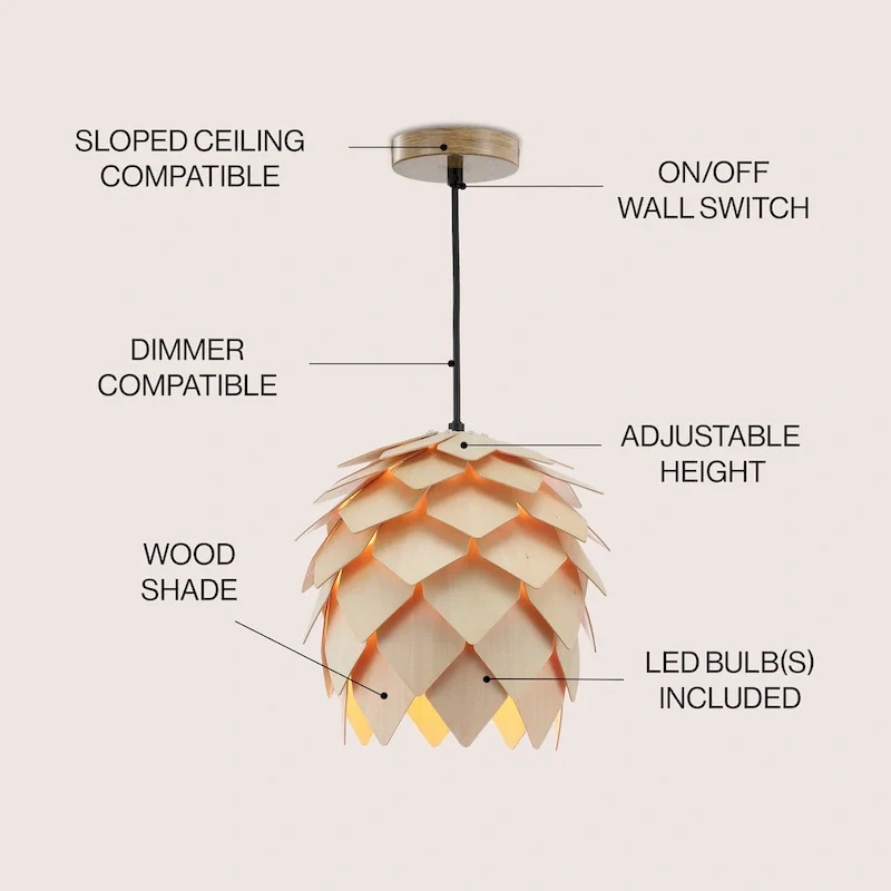 Gallery 11.75  Pinecone Wood LED Pendant, Natural/Black by JONATHAN Y