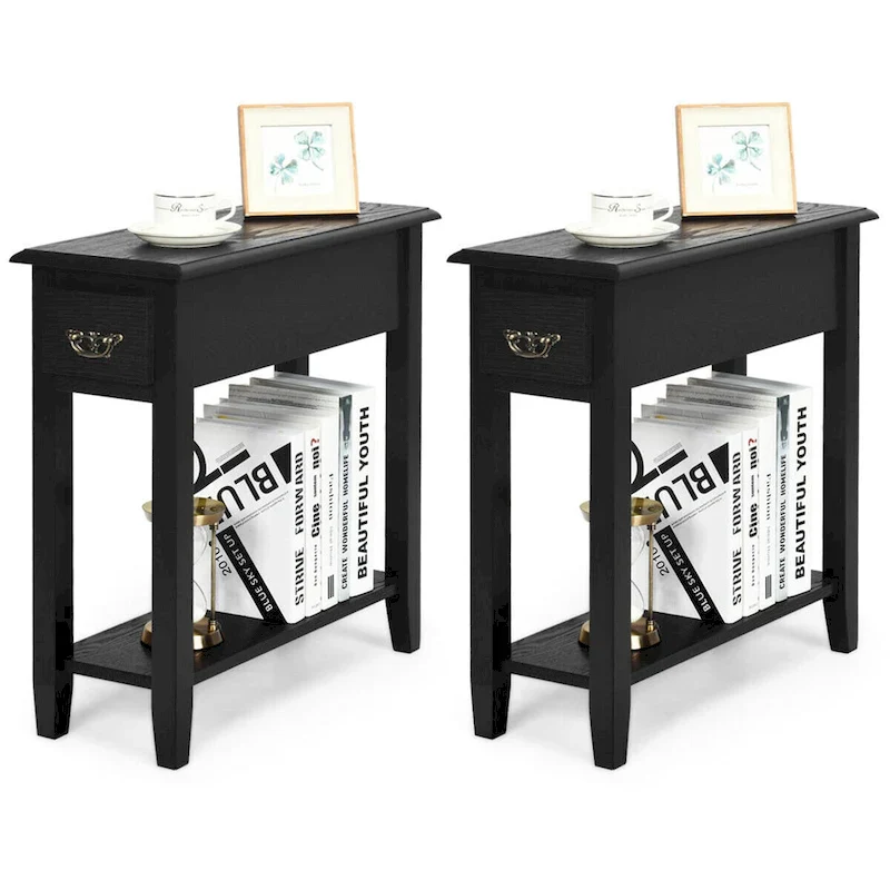 Black 2-Tier Side Table with Drawer, Set of 2