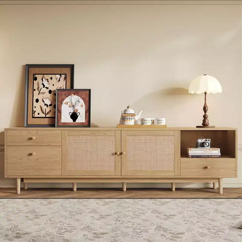 76.6 Inch Rattan TV Stand for 65/75/85 Inches TVs Natural TV Console with Open Storage and Drawers for Living room