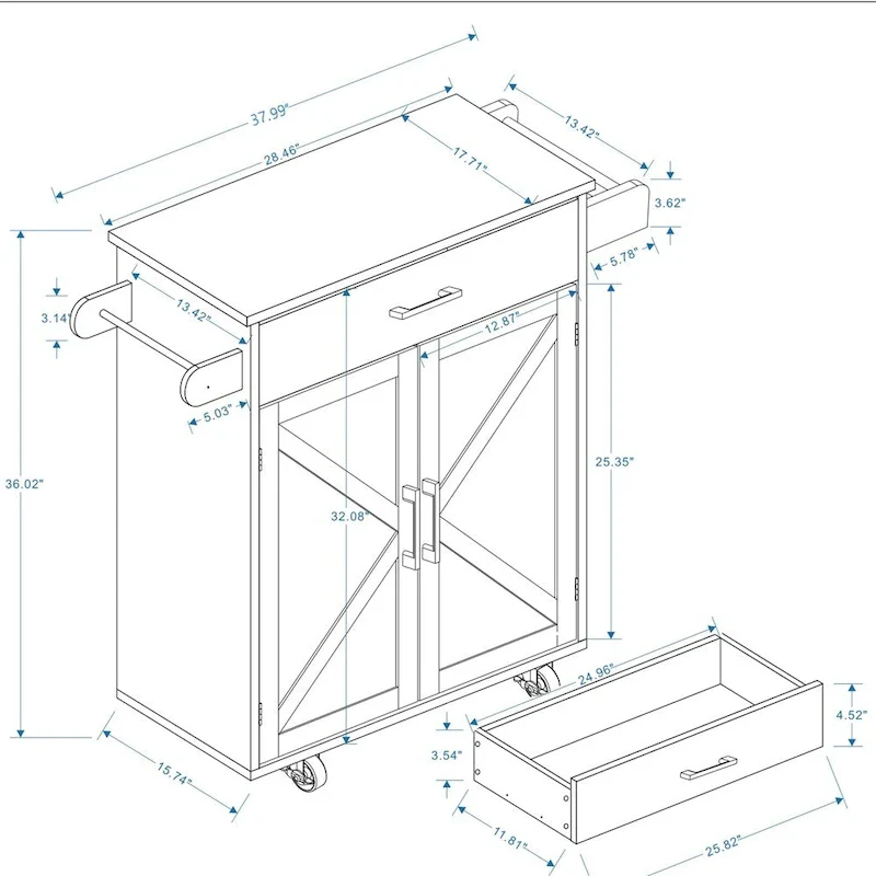 Kitchen Island Rolling Trolley Cart w/Adjustable Shelves,Wood Tabletop