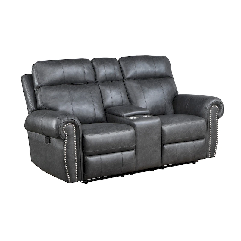 Ville 75 Inch Manual Recliner Loveseat, Storage Console, Gray Faux Leather