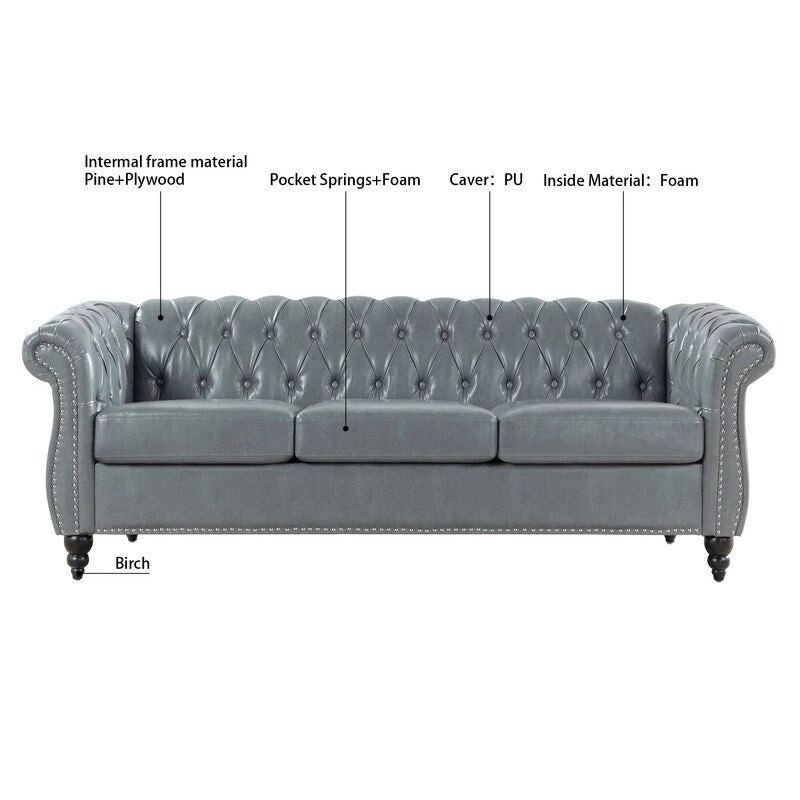 GEITIN 84.65 PU Rolled Arm Chesterfield 3 Seater Sofa