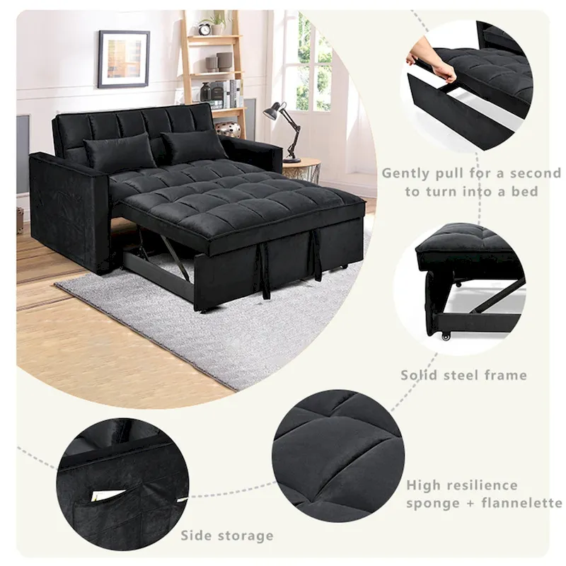 Modern Velvet Loveseat Futon Sofa Couch Pullout Bed, Small Love Seat Lounge Sofa w/Reclining Backrest, Toss Pillows, Pockets
