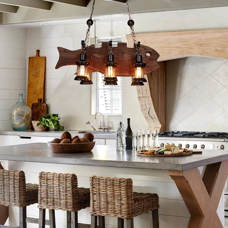 Farmhouse Industrial Brown Wooden Ceiling Chandelier for Kitchen