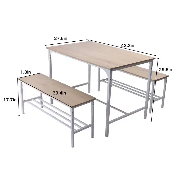 FurnitureR Dining Table Set, 3 Piece Dining Set with Storage Shelves, Metal Frame & MDF Board, Dinette for Kitchen, Dining Room, Restaurant, Oak