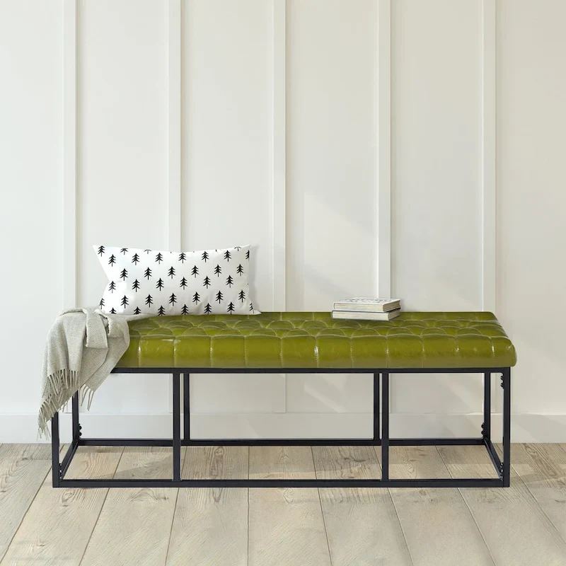 Black Faux Leather Accent Bench with Metal Frame