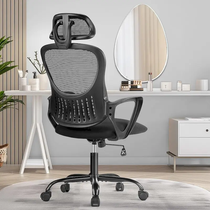 Multi/Black Mesh High Back Office Chair with Adjustable Headrest, Fixed Arms, for 1 Person