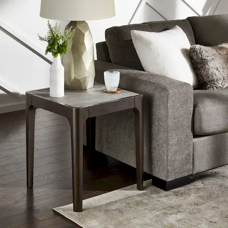 Mid-Century Faux Marble Top End Table with Dark Walnut Frame