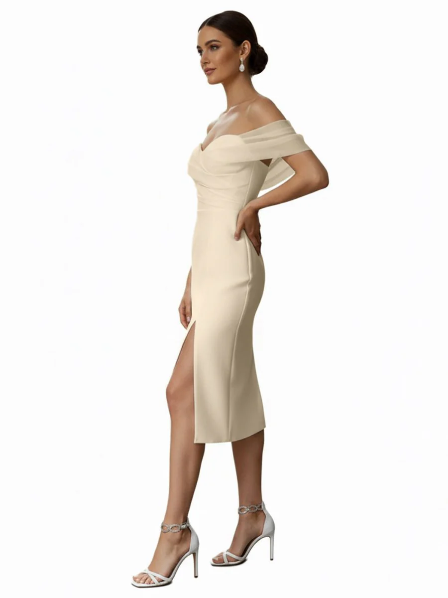 Sheath Off-The-Shoulder Sleeveless Tea-Length Wedding Dresses