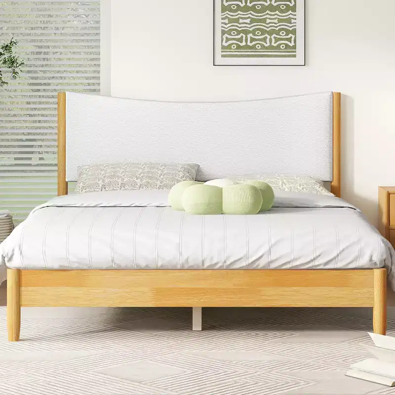 Whisen Queen Size Rubber Wooden Bed with Boucle Upholstered Headboard - Natural