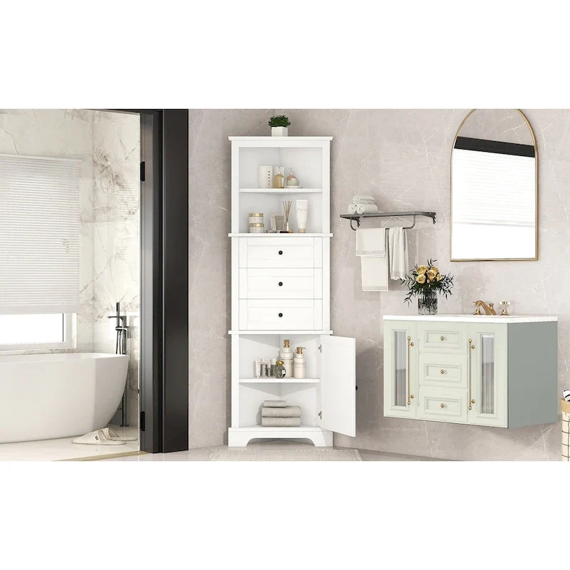 Triangle Tall Cabinet with 3 Drawers and Adjustable Shelves MDF Board with Painted Finish