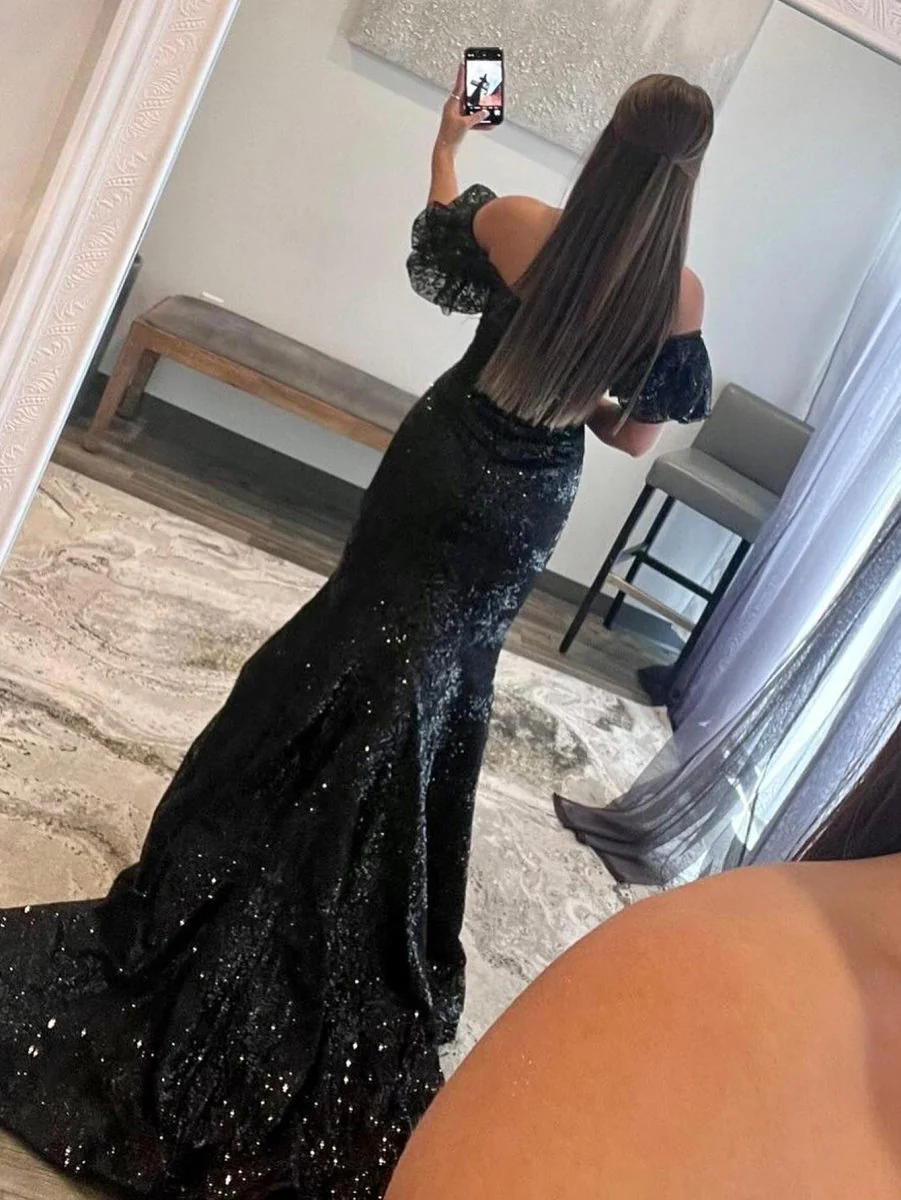 Black Off The Shoulder Sequins Long Mermaid Prom Dress