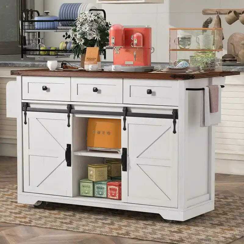 Farmhouse Kitchen Island with Power Outlet, Rolling Kitchen Cart with Drop Leaf