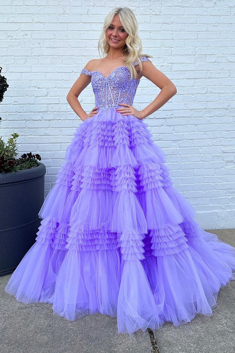 Red Tulle Off-the-Shoulder Ruffle Tiered Long Prom Dress
