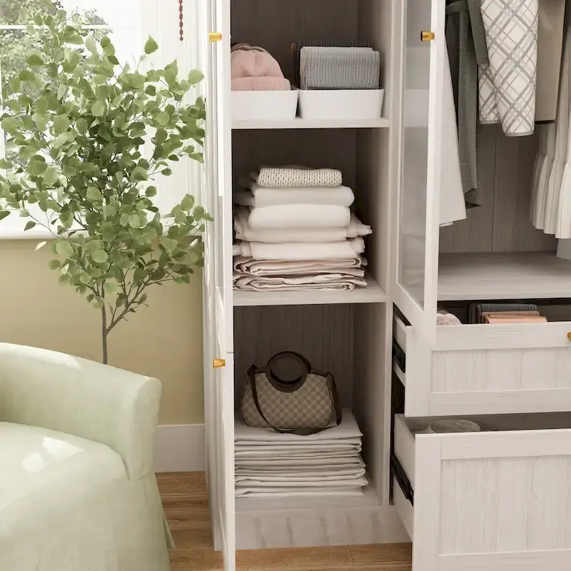 Large Frosted Glass Wardrobe with Soft-Close Hinges | MDF Construction | Light Gray Wood Grain | Gold Handles | Customizable Walk-In Closet