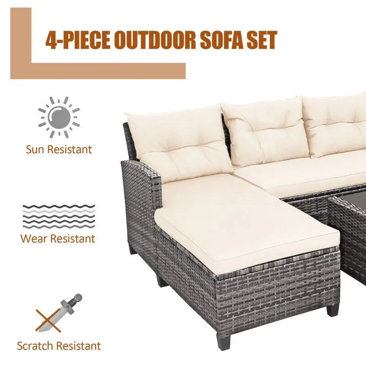 4 Pieces Patio Rattan Furniture Set with Cushion and Table Shelf - 27.5 x 47 x 30 (L x W x H)