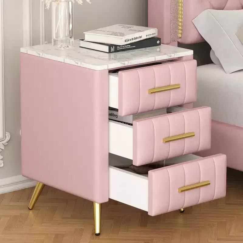 MAYEERTY Upholstered Wooden Nightatand with 3 Drawers Metal Legs Handles for Bedroom Pink