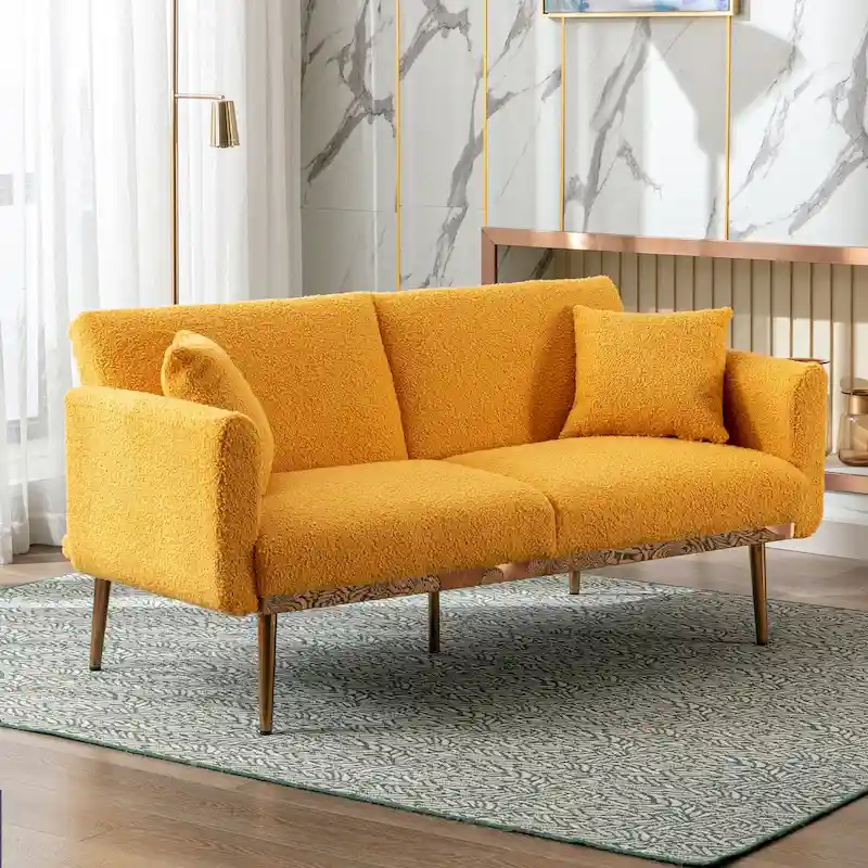 Teddy Fabric Upholstered Tufted Loveseats Sleeper Sofa With Rose Golden Legs