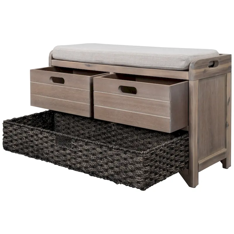 Brown Acacia Wood Storage Bench with 2 Drawers & Removable Basket, 1-Person