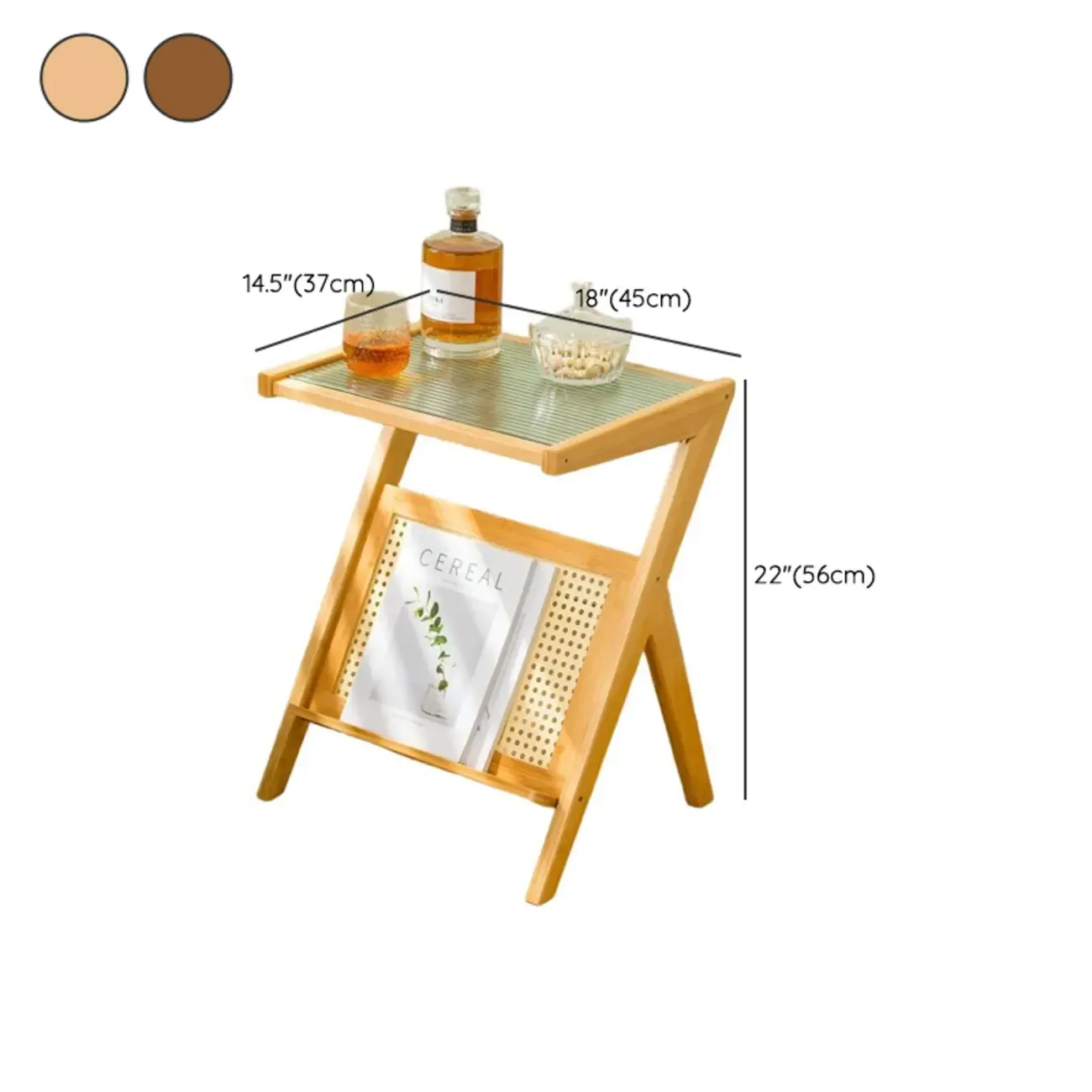 Glass and Wood Modern Foldable End Table with Rack