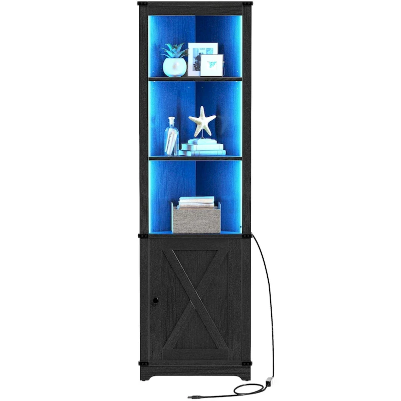 LED Corner Storage Cabinet with Light Farmhouse Tall Corner Cabinet with Barn Door Design