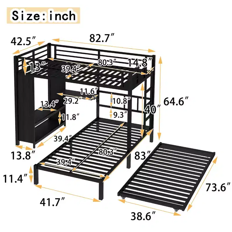 Bellemave Bunk Bed with Trundle and Built-in Wardrobe,Metal Bunk Bed Frame with Foldable Desk and Ladder, Noise-reduced design,Black