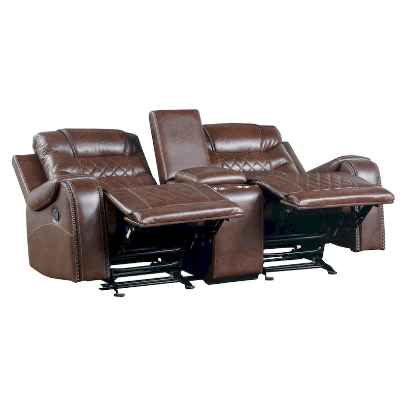 Paul 78 Inch Manual Recliner Loveseat, Cupholder Console Brown Faux Leather