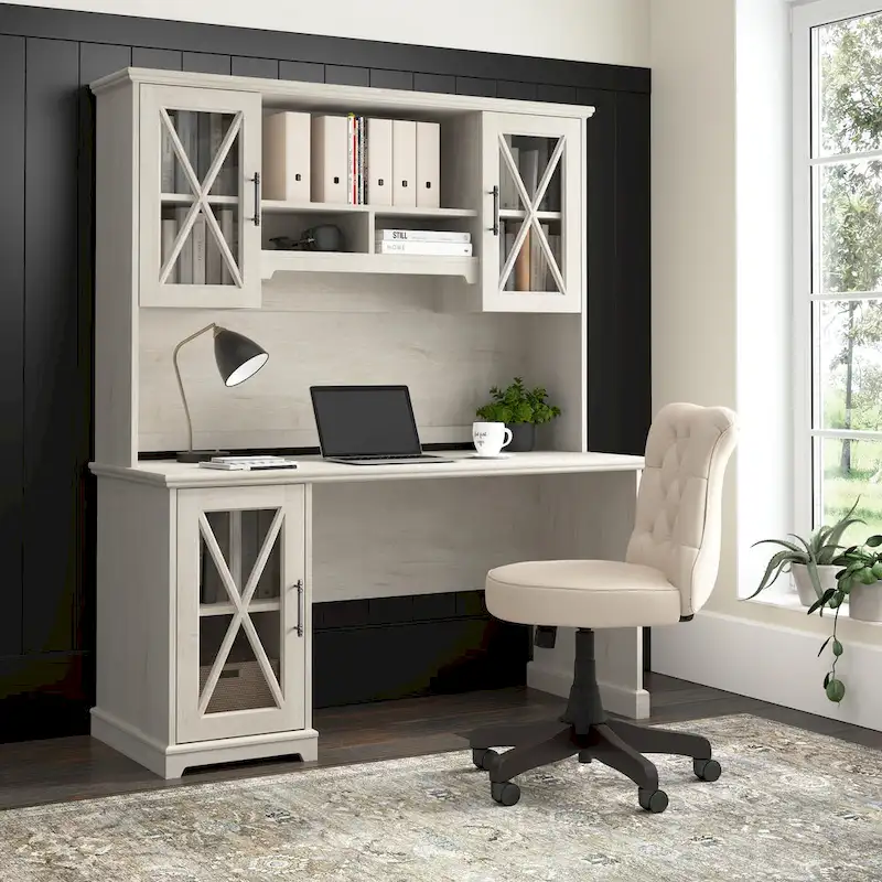 Linen White Oak Farmhouse Desk with Hutch & Storage Cabinet, 1-Person