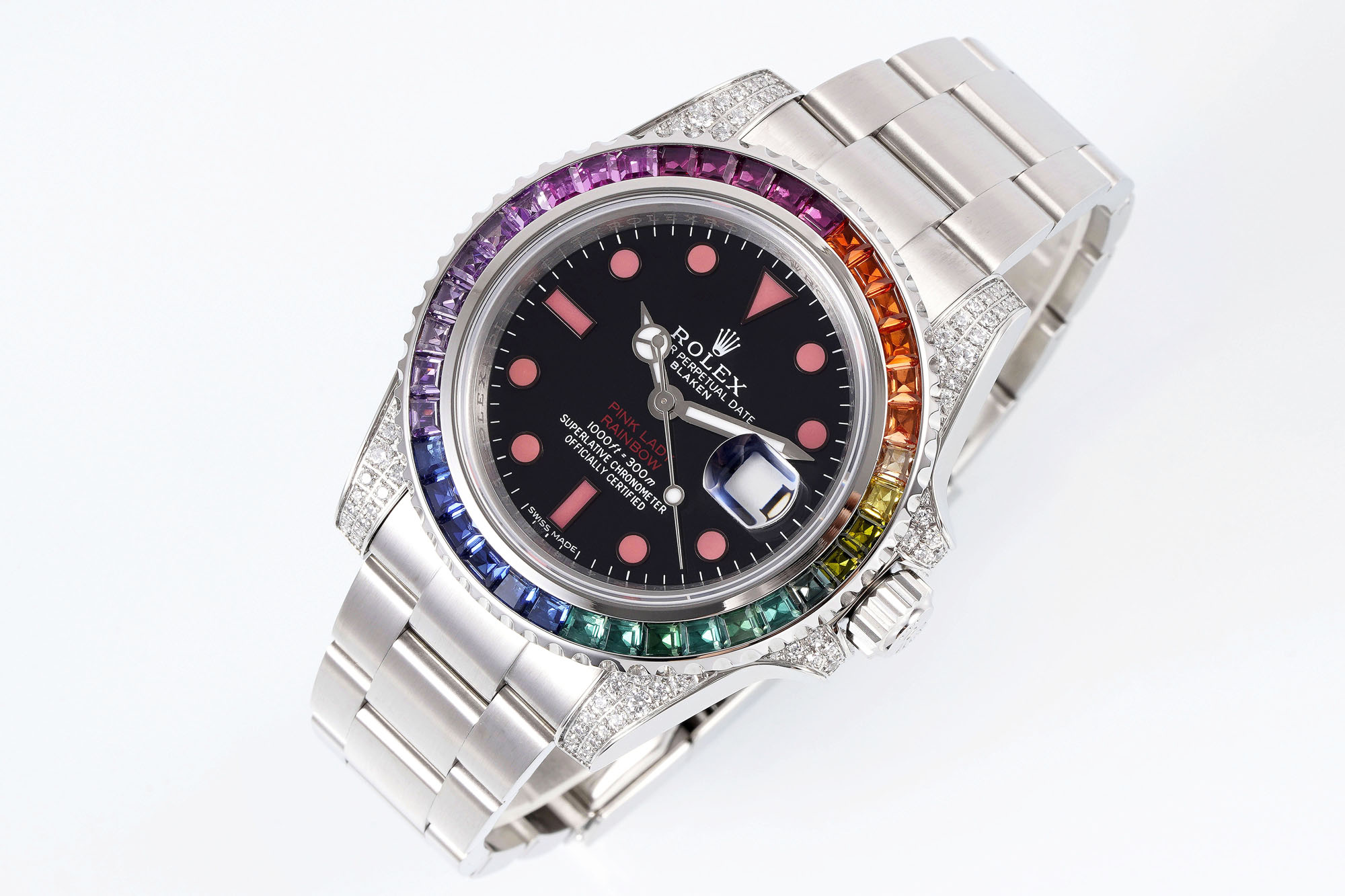 Rainbow bezel Rolex replica with diamond-set lugs and black dial