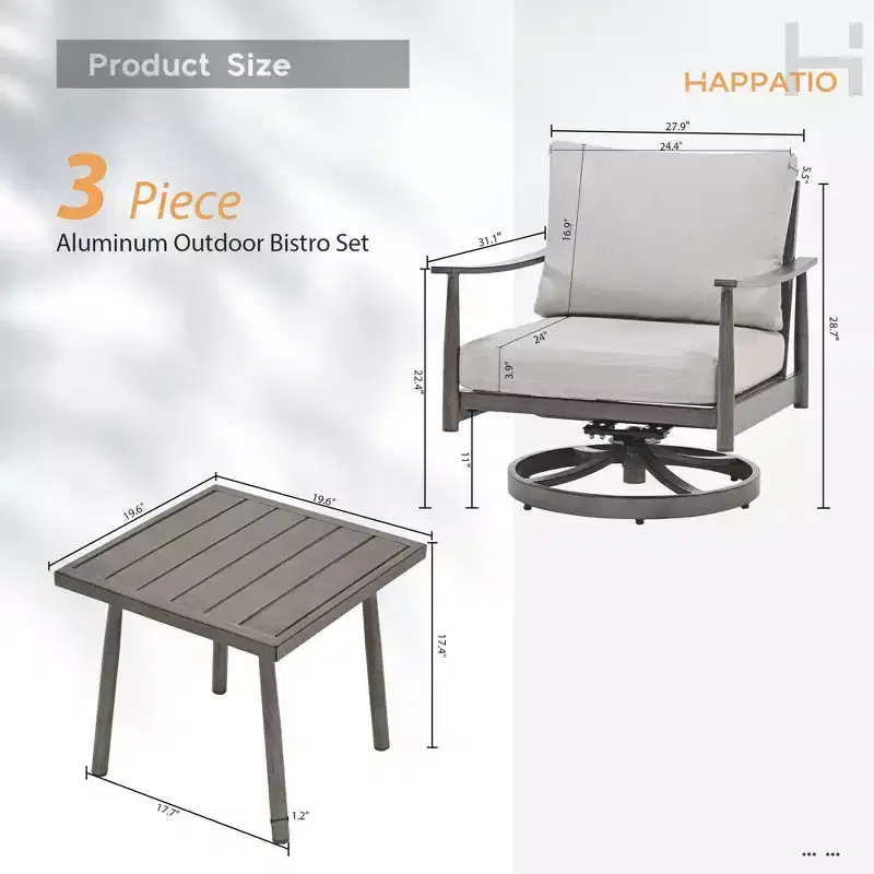 HAPPATIO Patio Bistro Set Outdoor,3 Pieces Patio Aluminum Conversation Set, Swivel Chairs and Side Table for Garden Pool Lawn