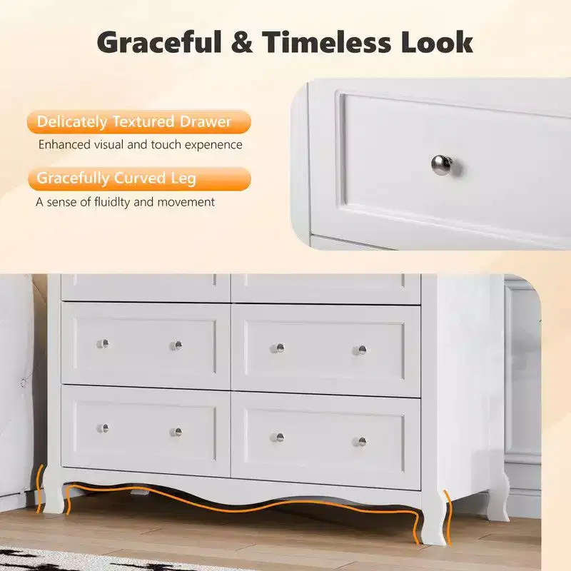 Karl Home White P2 Density Board Painted 47.2in 6 Drawer French Curved Legs