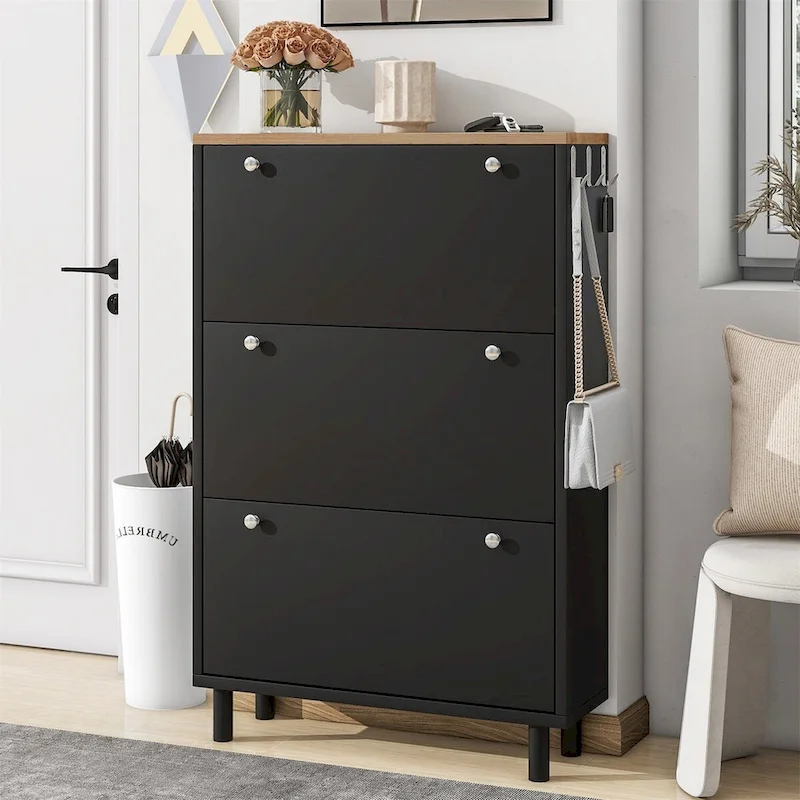 Narrow Design Shoe Cabinet with 3 Flip Drawers, 3 Hooks