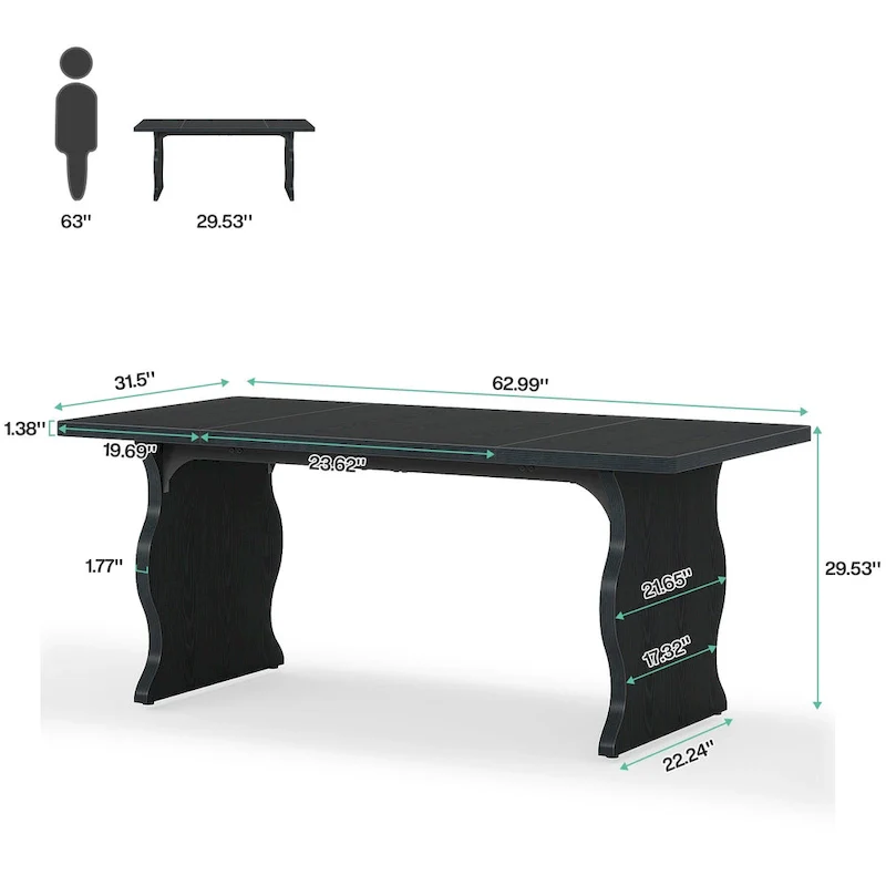 Modern Dining Table, 63Rectangular Kitchen Table Black Dinner Table