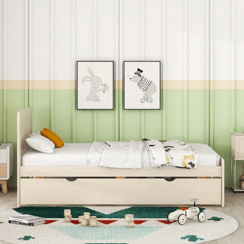 White Solid Wood Twin Bed with Trundle | Rubberwood & Plywood | Kids & Adults