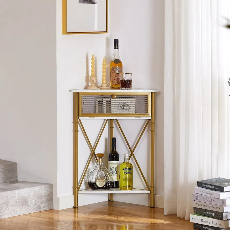 Javlergo Corner Table with Drawer and Storage Shelf, Triangle Freestanding Floor Cabinet for Kitchen, Living Room and Bedroom