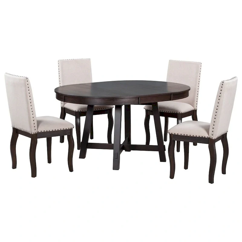 5-Piece Farmhouse Dining Table Set Wood Round Extendable Dining Table and 4 Upholstered Dining Chairs