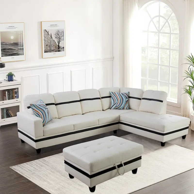 L-Shape Semi PU Leather Living Room Sofa Set with Ottoman,3-Piece