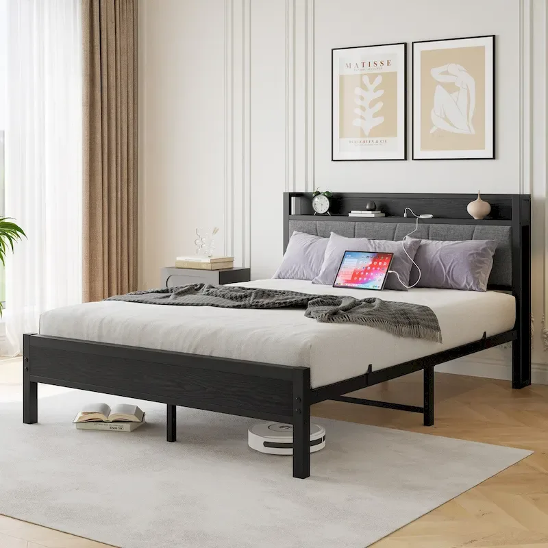 Black Queen Platform Bed Frame with Storage Headboard, 1-Person, Metal & Wood
